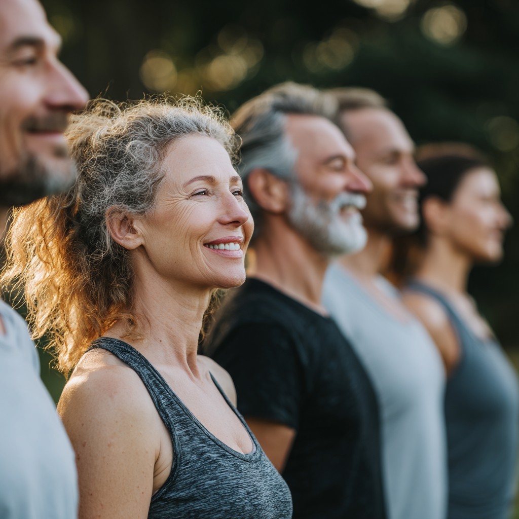 Smiling middle-aged man performing a gentle yoga stretch that demonstrates healthy joint mobility, in comfortable workout clothes in a modern yoga studio